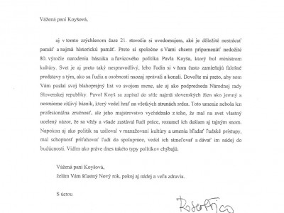 List predsedu vlády k výročiu Pavla Koyša 2012